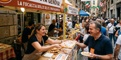 Vendor handing powdered focaccia to a visitor at Genoa Fugassa Festival