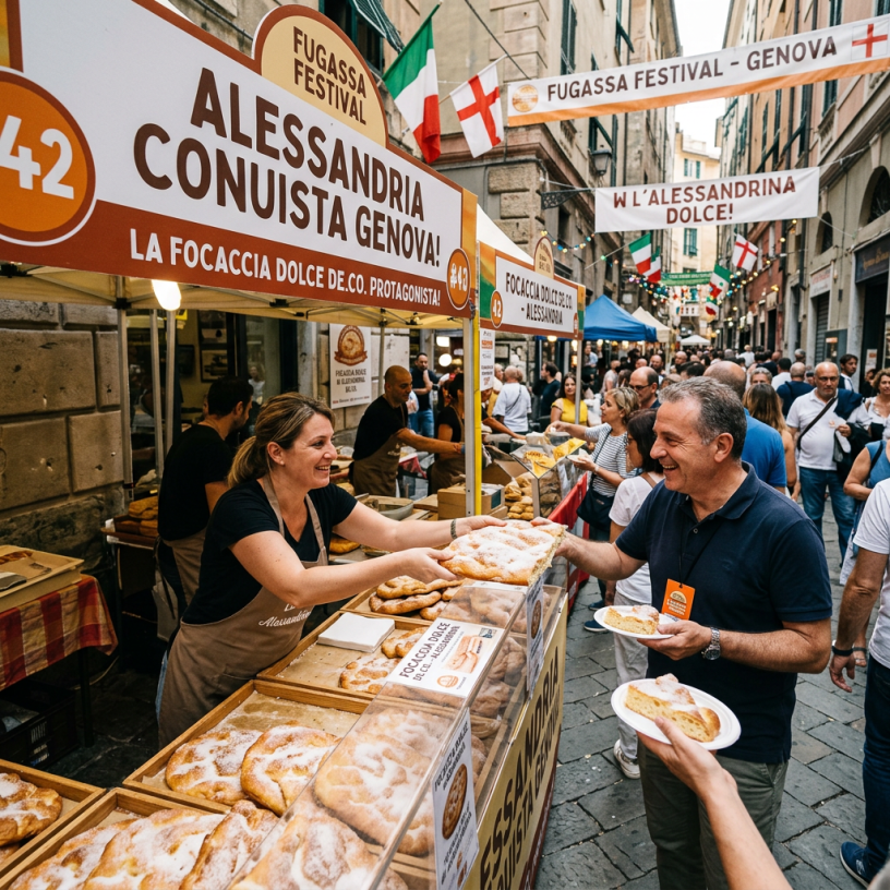 Vendor handing powdered focaccia to a visitor at Genoa Fugassa Festival