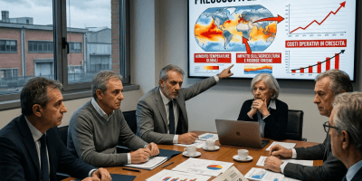 Executives reviewing an El Niño presentation titled “L’EFFETTO EL NIÑO ‘GODZILLA’ PREOCCUPA LE AZIENDE ITALIANE”