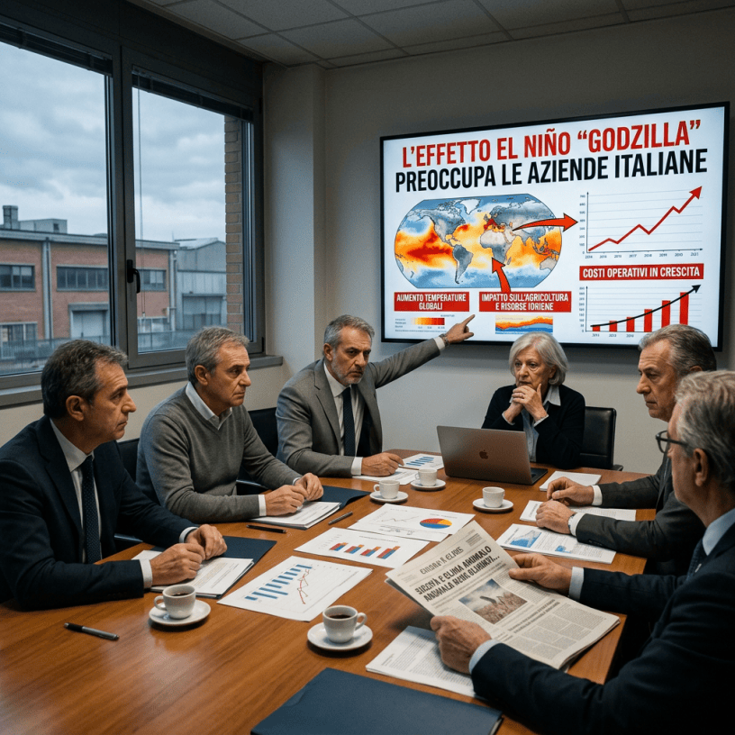 Executives reviewing an El Niño presentation titled “L’EFFETTO EL NIÑO ‘GODZILLA’ PREOCCUPA LE AZIENDE ITALIANE”