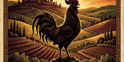 Black rooster standing on a rock above terraced Tuscan vineyards at sunset