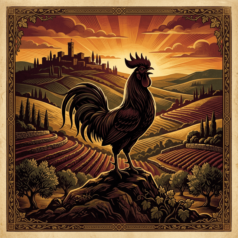 Black rooster standing on a rock above terraced Tuscan vineyards at sunset