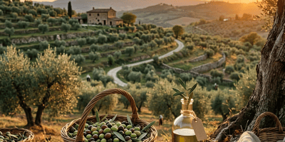 Basket of olives and olive oil overlooking a Tuscan olive grove