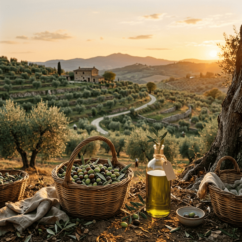 Basket of olives and olive oil overlooking a Tuscan olive grove