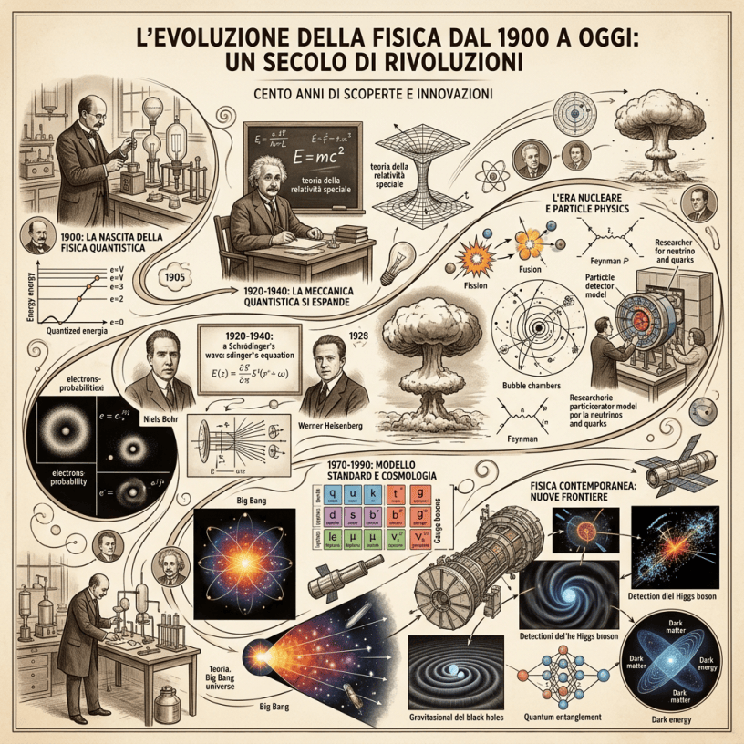 Infografica italiana sull’evoluzione della fisica dal 1900 a oggi