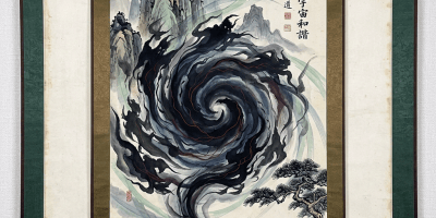 Chinese ink painting of a swirling dragon, mountains, pine tree, and seated figure