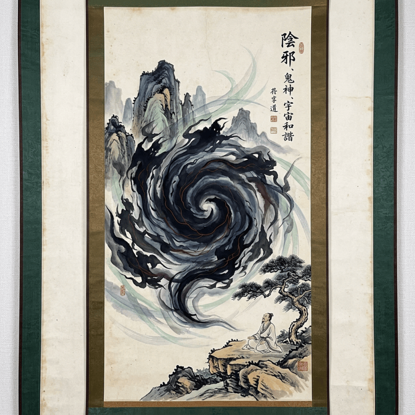 Chinese ink painting of a swirling dragon, mountains, pine tree, and seated figure