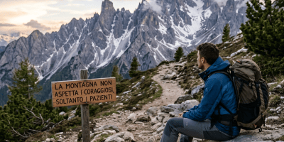 Sign reads “LA MONTAGNA NON ASPETTA I CORAGGIOSI, SOLTANTO I PAZIENTI” beside a seated hiker