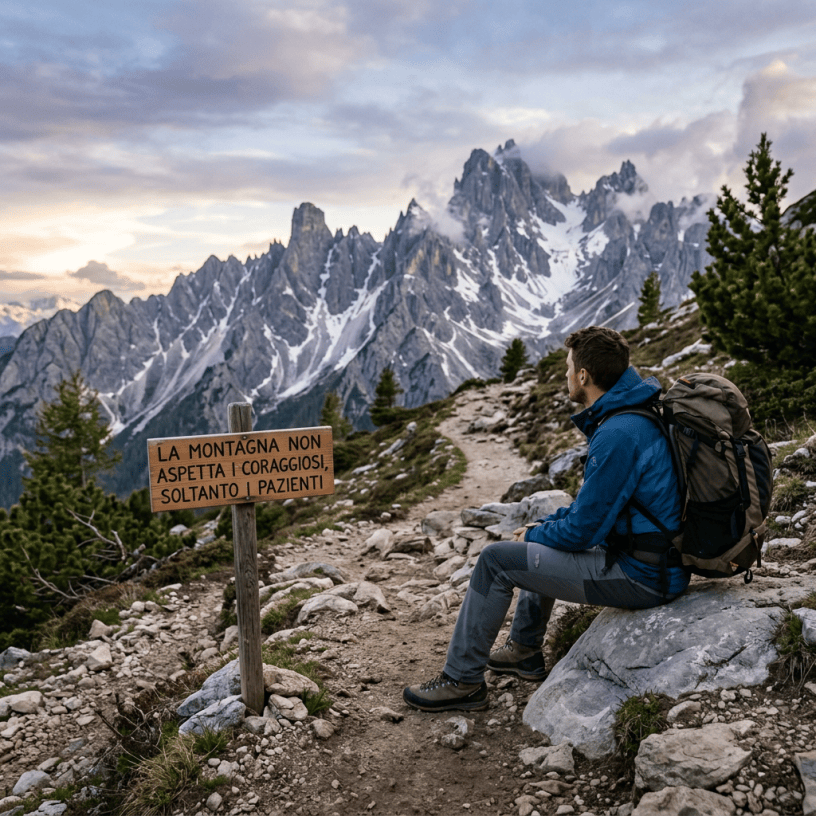 Sign reads “LA MONTAGNA NON ASPETTA I CORAGGIOSI, SOLTANTO I PAZIENTI” beside a seated hiker