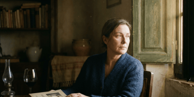 Woman holding a book titled "Pénombre" beside a sunlit window