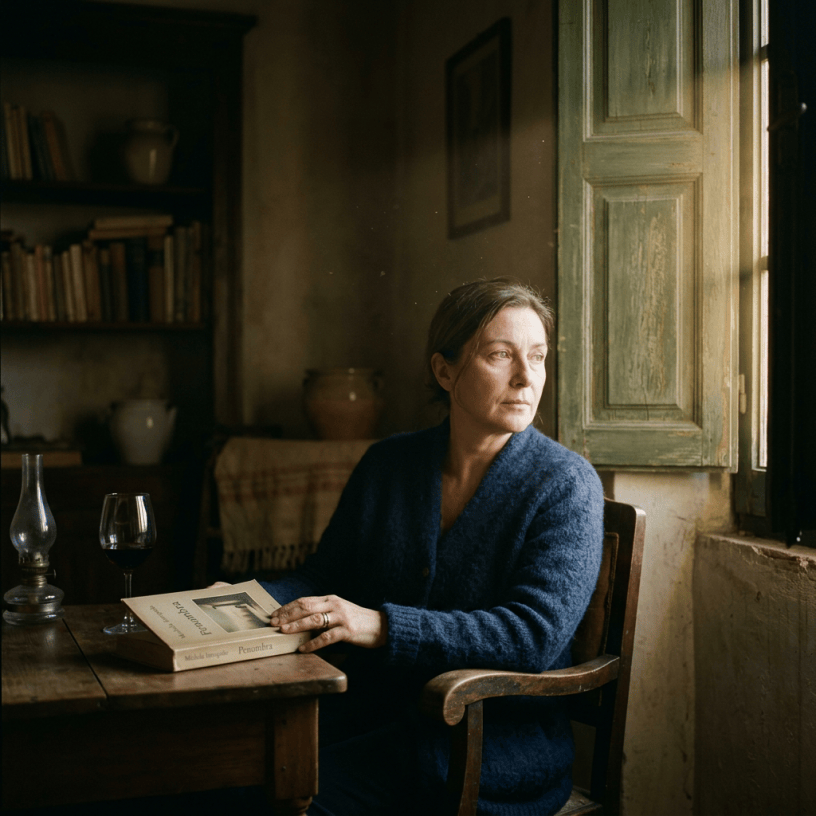Woman holding a book titled "Pénombre" beside a sunlit window