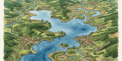 Illustrated map of connected lakes, villages, roads, wetlands, and mountains
