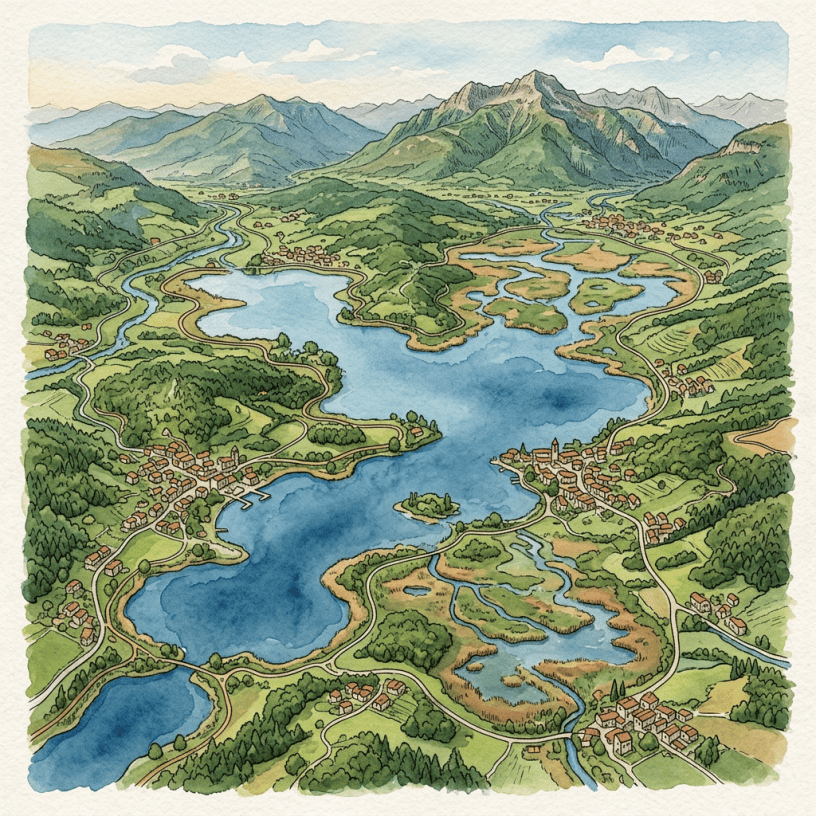 Illustrated map of connected lakes, villages, roads, wetlands, and mountains