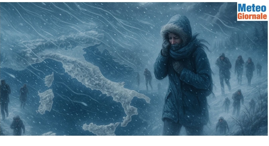 A person wrapped in warm clothing walks through a snowy landscape, shivering against the cold. The background features shadowy figures also trudging through the snow, with a stylized map of Italy visible in the scene.