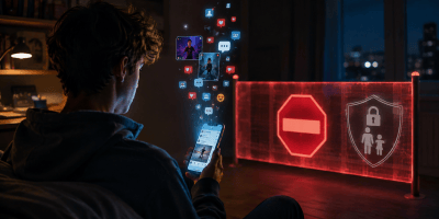 Vietare i social ai minori, adolescente davanti allo smartphone e barriera digitale