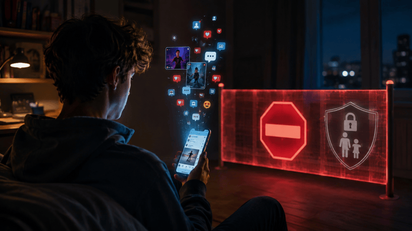 Vietare i social ai minori, adolescente davanti allo smartphone e barriera digitale
