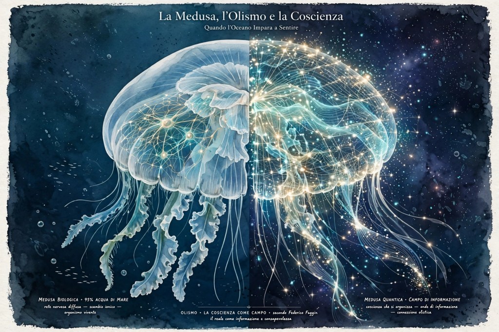 A beautifully illustrated image of a jellyfish on a cosmic background, showcasing glowing details and abstract representations of consciousness and information fields.