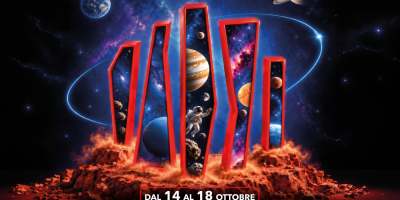 Locandina dell'evento Viaggio nel Cosmo al Centro Commerciale Panorama di Alessandria, con pianeti, stelle, astronauti e programma delle attività dal 14 al 18 ottobre.