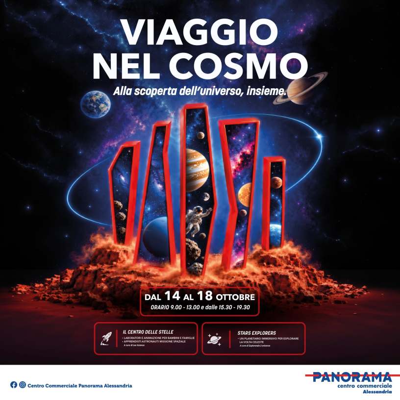 Locandina dell'evento Viaggio nel Cosmo al Centro Commerciale Panorama di Alessandria, con pianeti, stelle, astronauti e programma delle attività dal 14 al 18 ottobre.