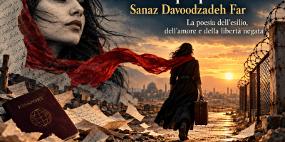 Donna in cammino verso il tramonto, tra filo spinato, parole sparse e confini, in una rappresentazione simbolica dell'esilio, dell'amore e della libertà.