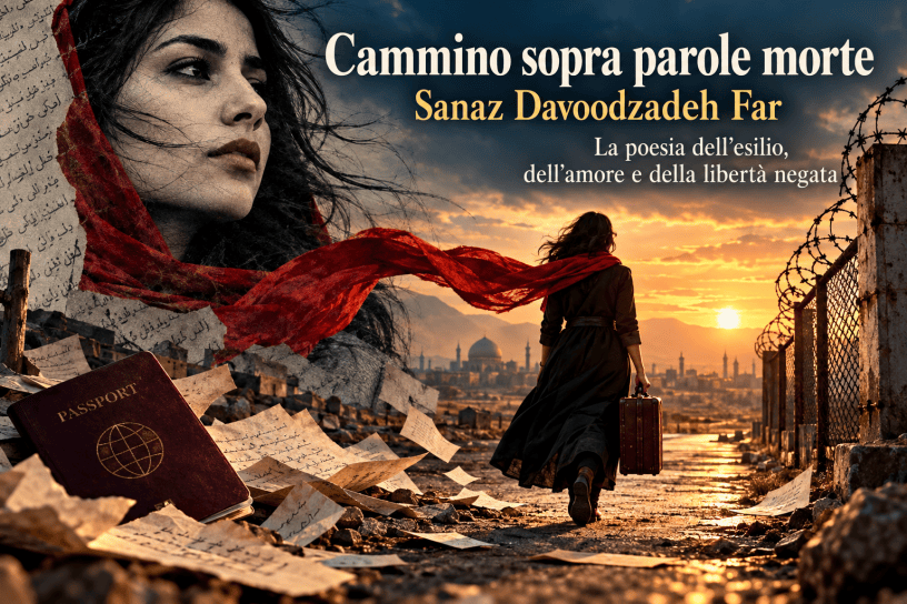 Donna in cammino verso il tramonto, tra filo spinato, parole sparse e confini, in una rappresentazione simbolica dell'esilio, dell'amore e della libertà.