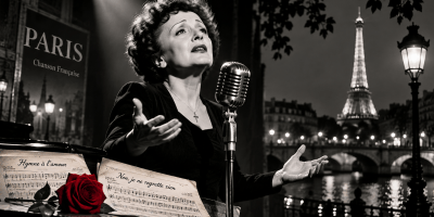 Rappresentazione artistica di Édith Piaf mentre canta davanti a un microfono d'epoca, con la Torre Eiffel sullo sfondo, spartiti musicali e una rosa rossa.