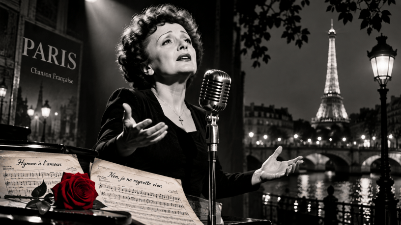 Rappresentazione artistica di Édith Piaf mentre canta davanti a un microfono d'epoca, con la Torre Eiffel sullo sfondo, spartiti musicali e una rosa rossa.