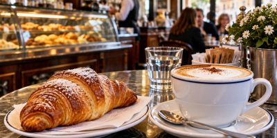 Cappuccino e cornetto serviti sul tavolo del bar italiano durante una colazione di metà mattino