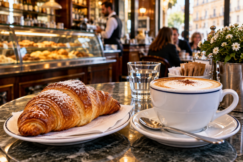 Cappuccino e cornetto serviti sul tavolo del bar italiano durante una colazione di metà mattino