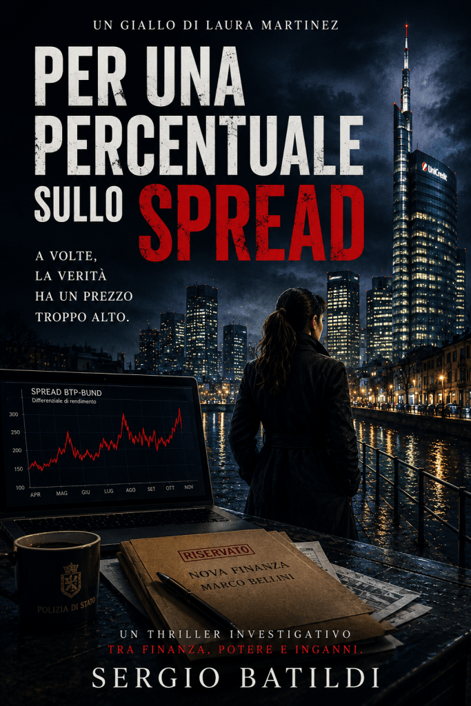 Book cover for 'Per una Percentuale sullo Spread' by Laura Martinez, featuring a woman overlooking a city skyline at night. A laptop displaying financial data and a folder labeled 'Riservato' is in the foreground.
