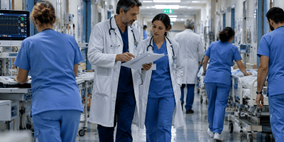 Medici e infermieri al lavoro in una corsia ospedaliera con apparecchiature sanitarie e pazienti.