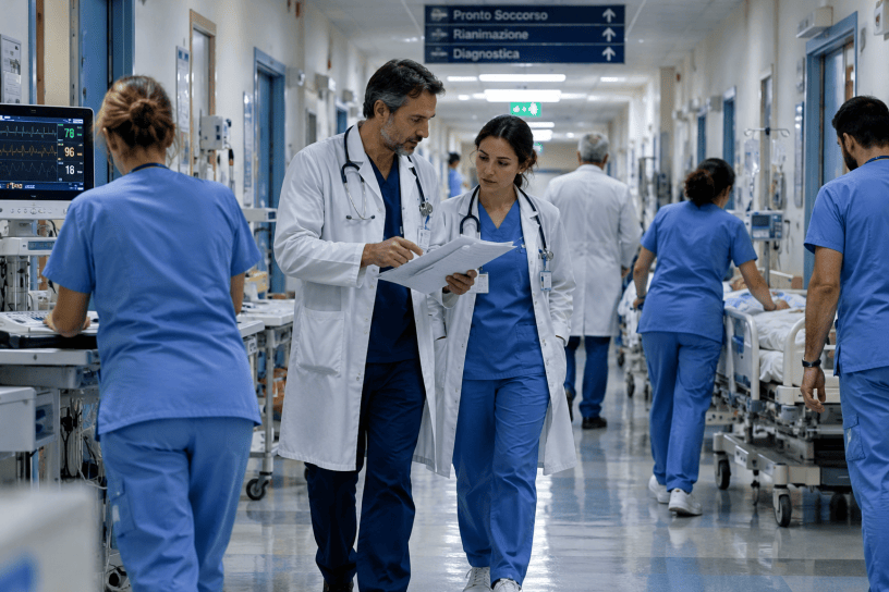 Medici e infermieri al lavoro in una corsia ospedaliera con apparecchiature sanitarie e pazienti.