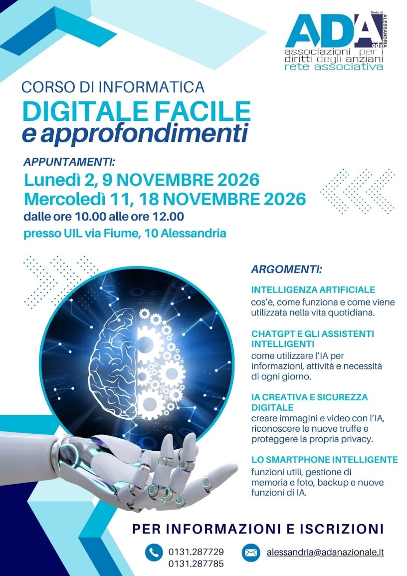 Locandina del corso Digitale Facile organizzato da ADA Alessandria il 2, 9, 11 e 18 novembre 2026, dedicato a intelligenza artificiale, ChatGPT e sicurezza online.