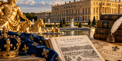 Composizione artistica della Reggia di Versailles con libri antichi, corona reale, documenti storici e simboli della monarchia francese per la recensione del blog Eternamenta.
