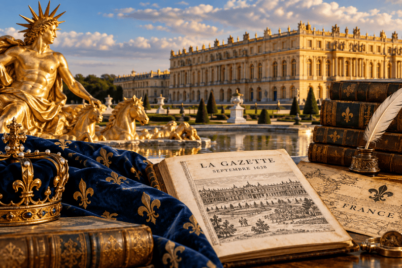 Composizione artistica della Reggia di Versailles con libri antichi, corona reale, documenti storici e simboli della monarchia francese per la recensione del blog Eternamenta.