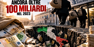 Evasione fiscale in Italia, oltre 100 miliardi di euro nel 2023, rappresentazione editoriale con banconote, simbolo dell’euro e sagoma dell’Italia.