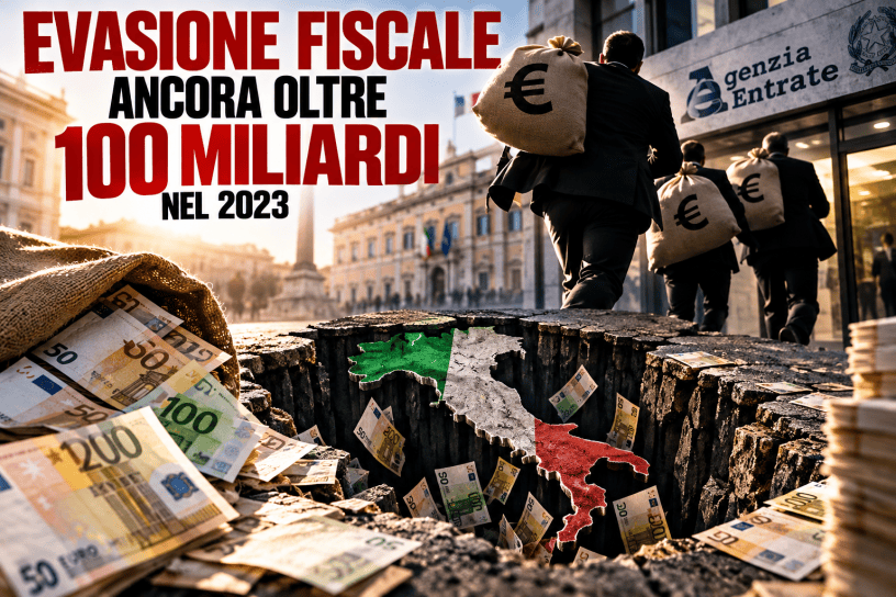 Evasione fiscale in Italia, oltre 100 miliardi di euro nel 2023, rappresentazione editoriale con banconote, simbolo dell’euro e sagoma dell’Italia.