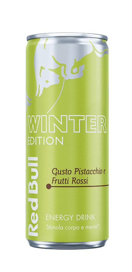 Red Bull Winter Edition energy drink can, featuring a green design with text 'Gusto Pistacchio e Frutti Rossi' and 'ENERGY DRINK'.
