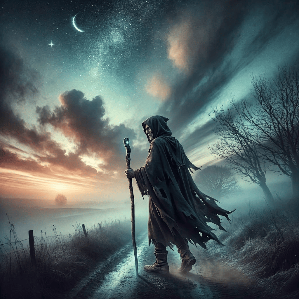 A robed figure with a staff walks down a misty dirt path at dusk, surrounded by barren trees and a starry sky with a crescent moon.