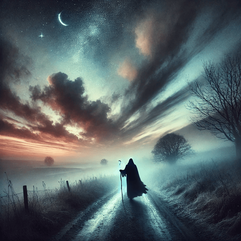A mysterious figure in a cloak walks down a misty country road at dusk, with a staff in hand and a starry sky above.