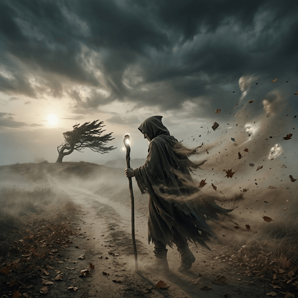 A cloaked figure walking along a winding path, holding a staff with a glowing orb, as leaves swirl around in the wind under a dramatic sky.