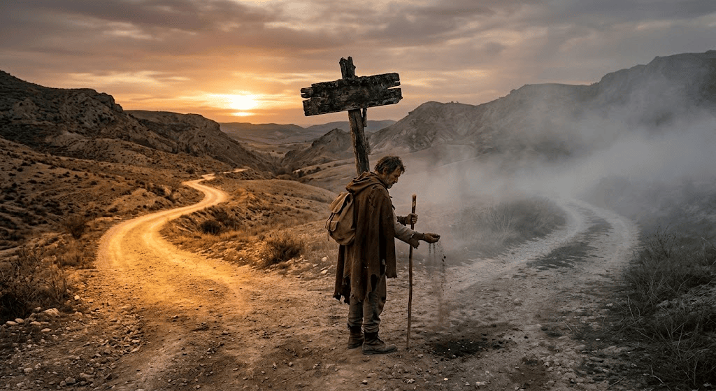 A lone traveler stands at a fork in a dusty road, holding a staff and looking contemplative as the sun sets behind mountains, casting a warm glow.