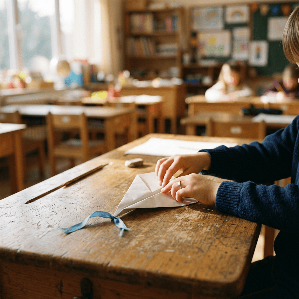 A child's hands folding a piece of paper into an airplane, with a classroom background featuring wooden desks and shelves filled with books.