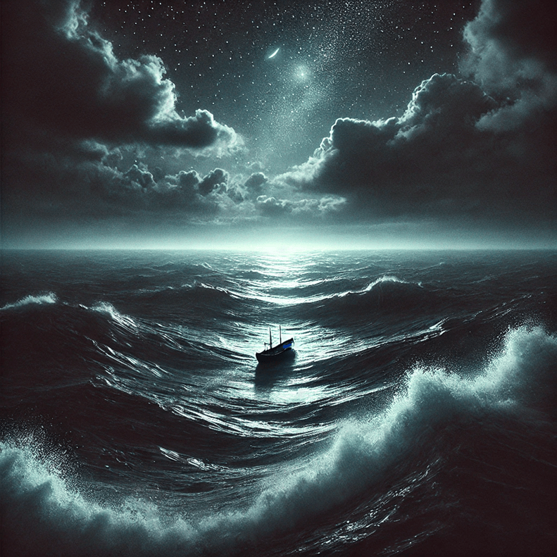 A small boat navigates through dark and turbulent ocean waves under a starry night sky with clouds.