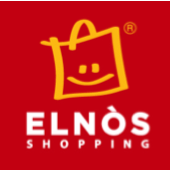 Logo of Elnòs Shopping featuring a smiling shopping bag design on a red background.