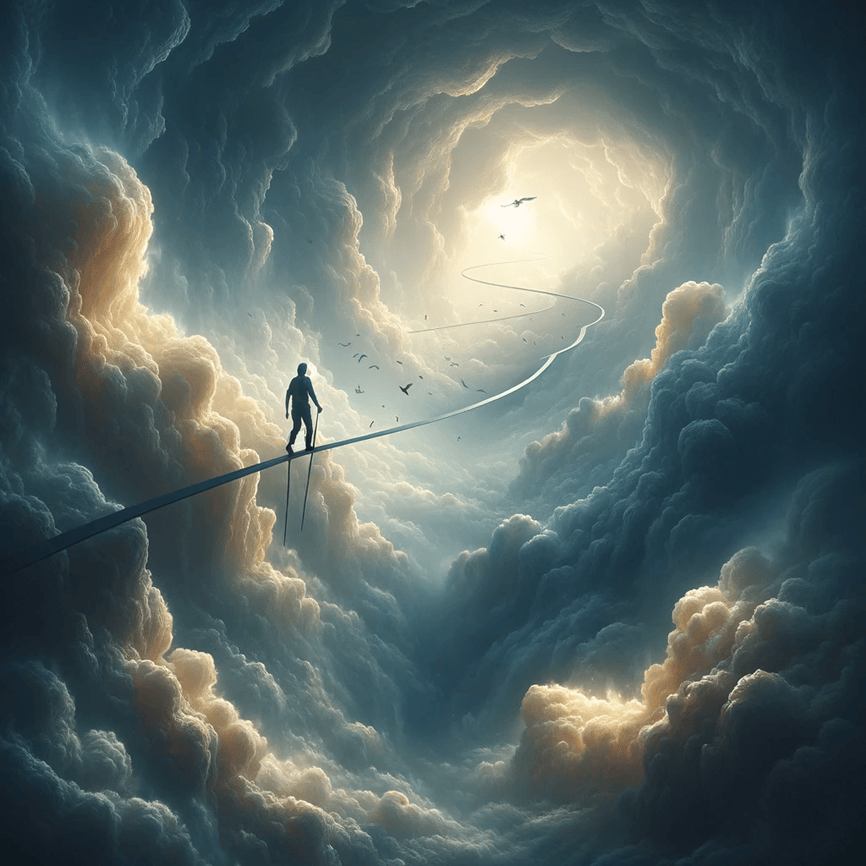 A lone figure walking along a thin path in a swirling cloudscape, with a bright light illuminating the background.