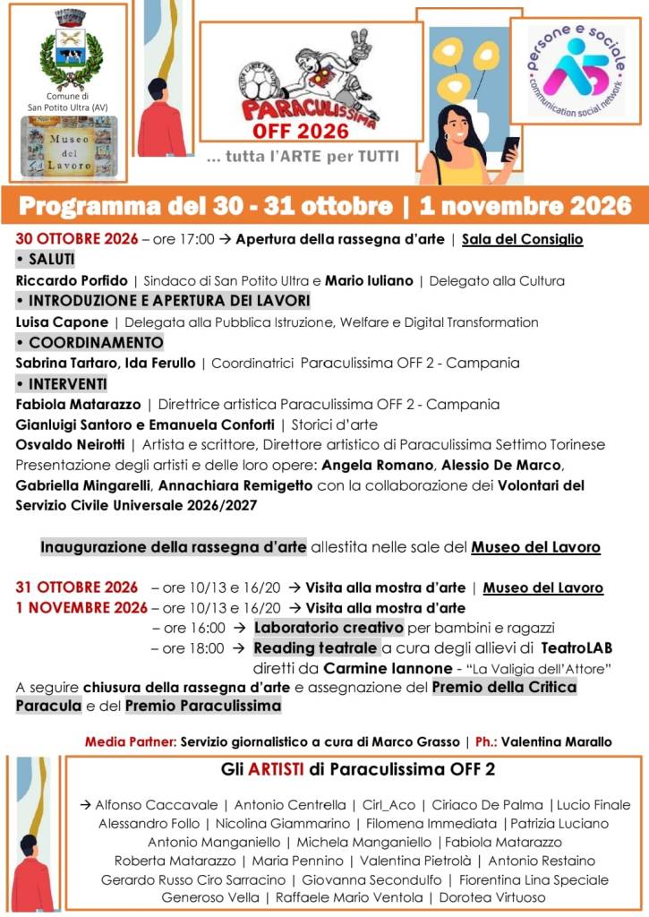 Event program for Paraculisima OFF 2026, showcasing art from October 30 to November 1, 2026, including opening ceremonies, artist presentations, and workshops.