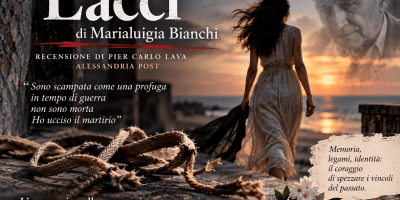 Immagine editoriale della poesia “Lacci” di Marialuigia Bianchi: una donna cammina verso il mare al tramonto, tra corde spezzate, fiori bianchi e il ricordo della figura paterna.