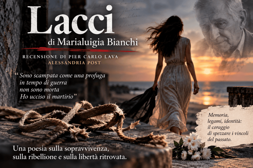 Immagine editoriale della poesia “Lacci” di Marialuigia Bianchi: una donna cammina verso il mare al tramonto, tra corde spezzate, fiori bianchi e il ricordo della figura paterna.