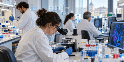 Ricercatori impegnati in un laboratorio biomedico moderno, immagine simbolica dell'attività di ricerca sanitaria del DAIRI di Alessandria.
